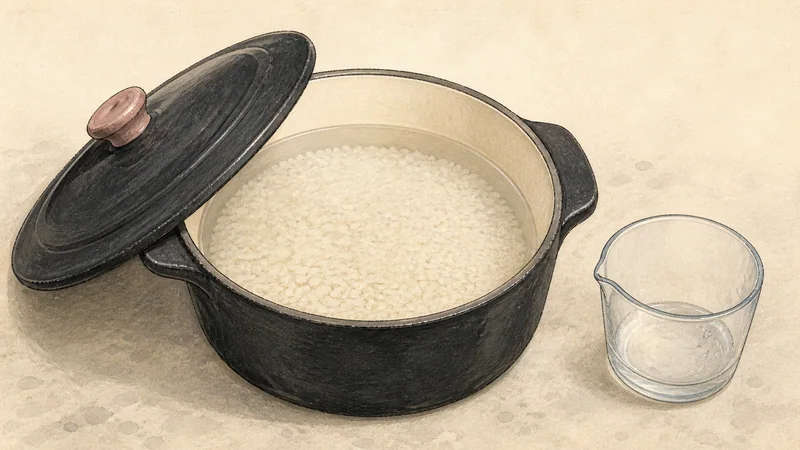 소금 김 삼각 주먹밥 2단계 '밥 짓기 전 불리기'를 보여 주는 조리 삽화.