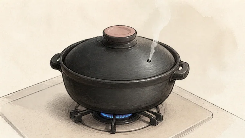 소금 김 삼각 주먹밥 4단계 '약불로 익히기'를 보여 주는 조리 삽화.