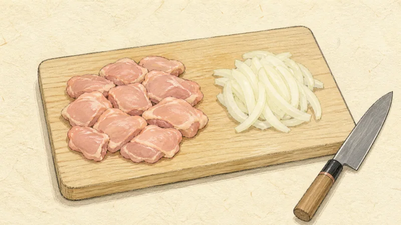 親子丼の手順2「鶏肉と玉ねぎを切る」を示す調理イラスト。