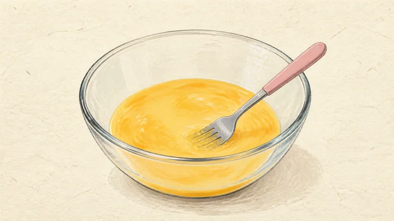 親子丼の手順3「卵を溶く」を示す調理イラスト。