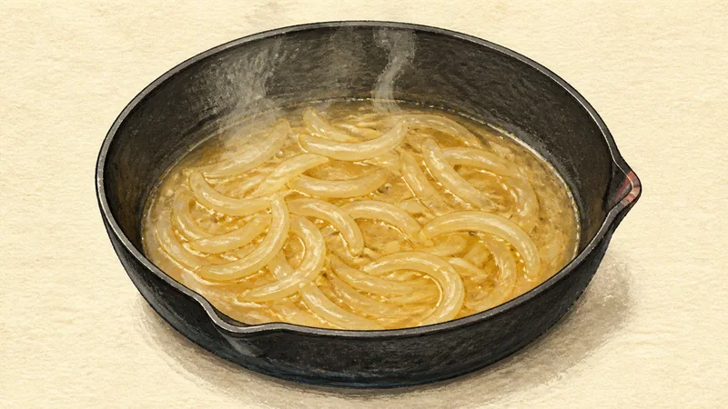 親子丼の手順4「玉ねぎを煮る」を示す調理イラスト。