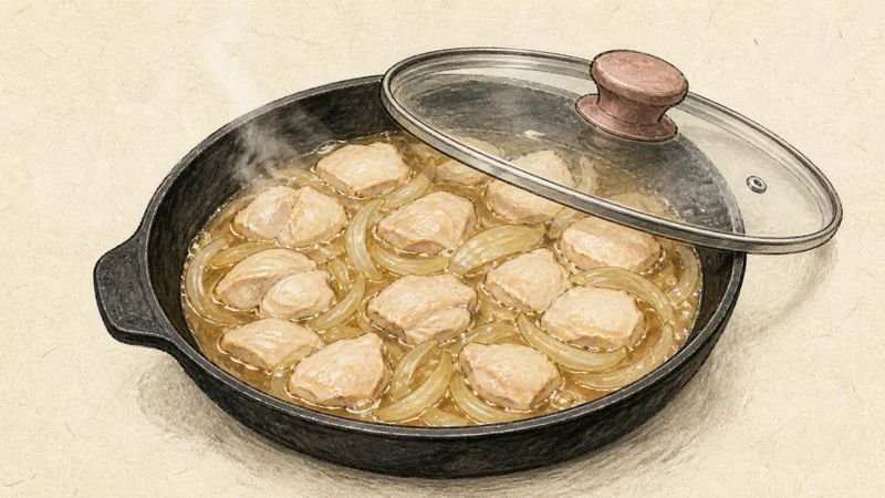 親子丼の手順5「鶏肉を煮る」を示す調理イラスト。