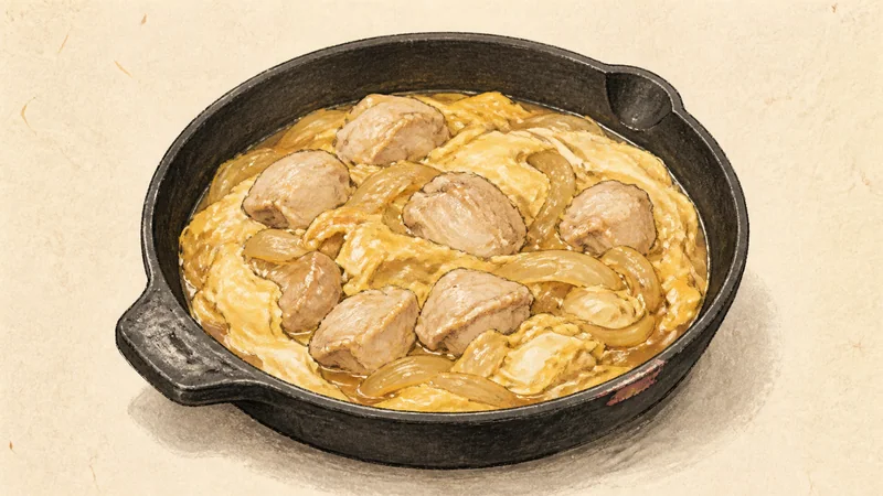 親子丼の手順6「卵の半量を加える」を示す調理イラスト。