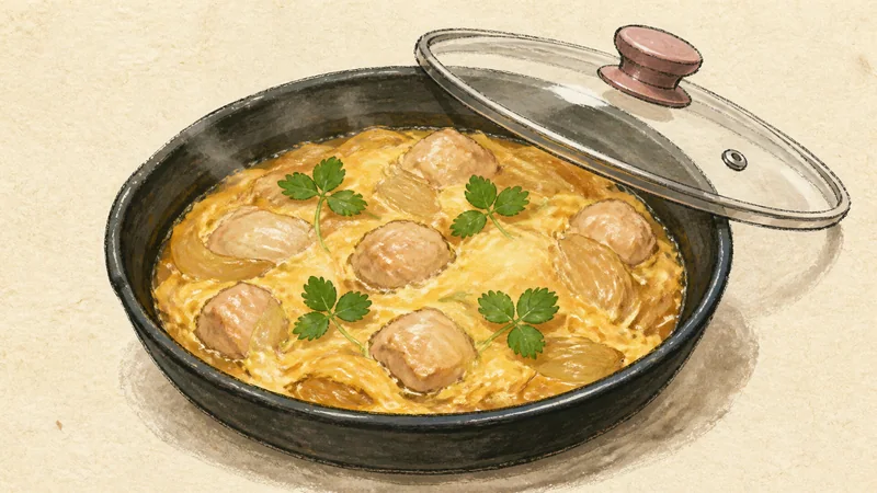 親子丼の手順7「残りの卵を固める」を示す調理イラスト。
