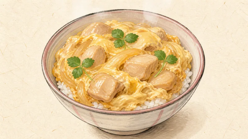 親子丼の手順8「ご飯にのせる」を示す調理イラスト。