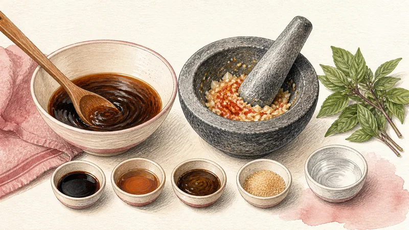 ภาพวาดการปรุงผัดกะเพราหมูสับไข่ดาว ขั้นตอนที่ 1: ผสมซอสและโขลกเครื่อง