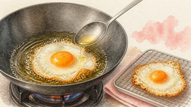 ภาพวาดการปรุงผัดกะเพราหมูสับไข่ดาว ขั้นตอนที่ 2: ทอดไข่ดาวขอบกรอบ
