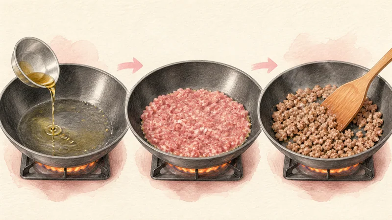 ภาพวาดการปรุงผัดกะเพราหมูสับไข่ดาว ขั้นตอนที่ 3: ผัดหมูให้เกรียม