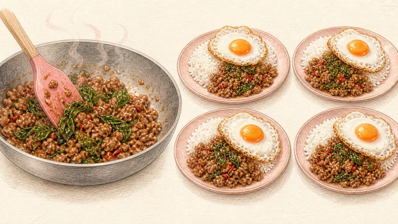 ภาพวาดการปรุงผัดกะเพราหมูสับไข่ดาว ขั้นตอนที่ 6: ใส่กะเพราและเสิร์ฟ