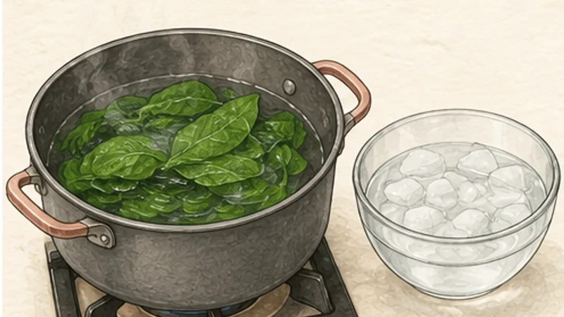 ภาพวาดการปรุงปาลักปานีร์ ขั้นตอนที่ 1: ลวกผักโขมสั้น ๆ