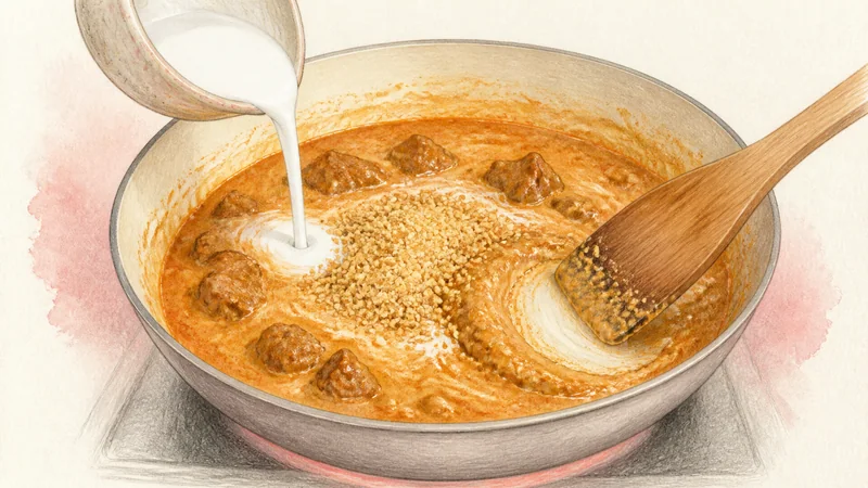 소고기 파낭 커리 3단계 '땅콩으로 농도 내기'를 보여 주는 조리 삽화.