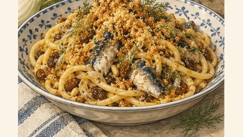 ภาพวาดการปรุงพาสตาคอนเลซาร์เดแบบปาแลร์โม ขั้นตอนที่ 7: โรยเกล็ดขนมปังปิดท้าย