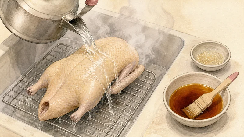 Home-style Peking duck with Mandarin pancakes, step 2: Scald and glaze the skin.