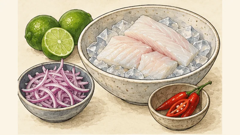 ペルー風フィッシュ・セビーチェの手順2「魚を冷やしておく」を示す調理イラスト。