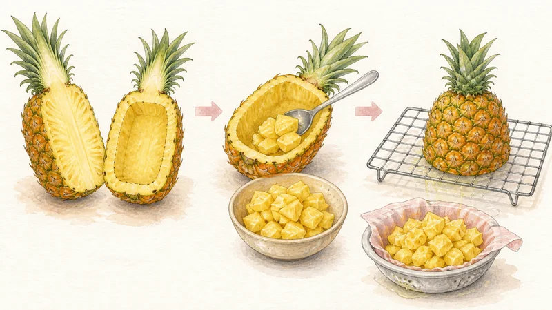 タイ風パイナップルチャーハンの手順1「パイナップルの器を作る」を示す調理イラスト。