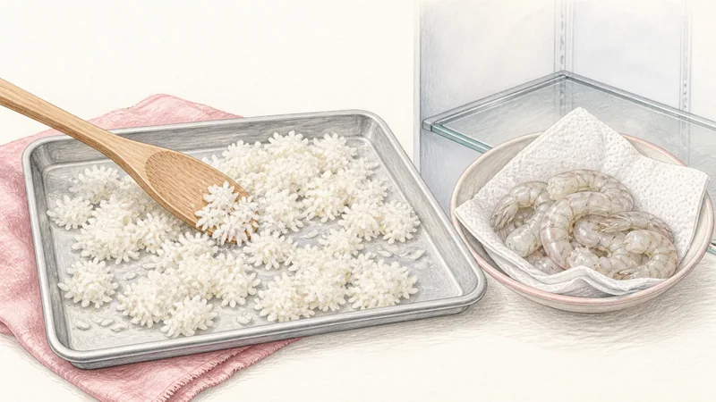 タイ風パイナップルチャーハンの手順2「ご飯と海老の水分を取る」を示す調理イラスト。