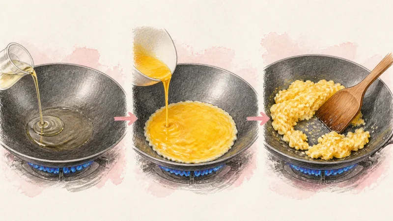 タイ風パイナップルチャーハンの手順4「卵を固める」を示す調理イラスト。