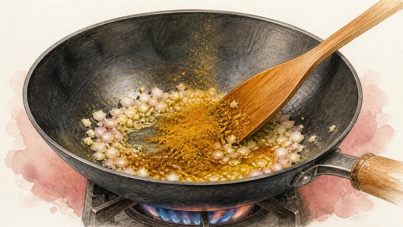 タイ風パイナップルチャーハンの手順5「香味とカレー粉を炒める」を示す調理イラスト。