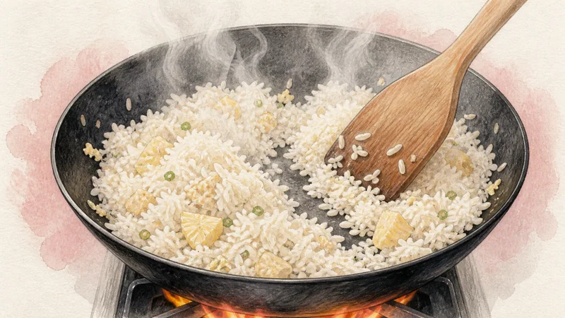 タイ風パイナップルチャーハンの手順6「ご飯をほぐして熱く炒める」を示す調理イラスト。