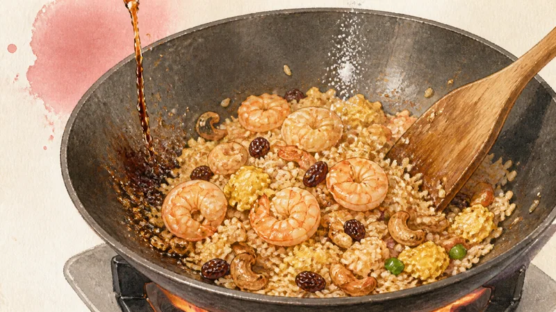 タイ風パイナップルチャーハンの手順7「果物の前に味付けする」を示す調理イラスト。