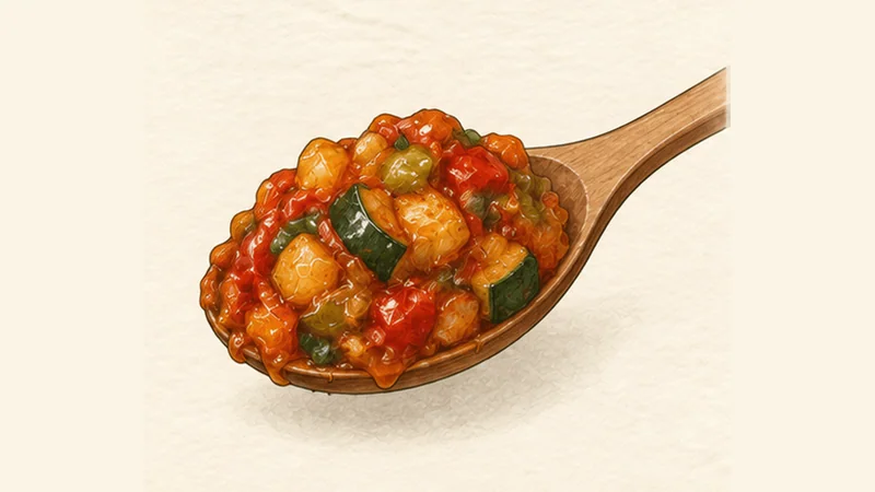 ภาพวาดการปรุงปิสโตมันเชโก ขั้นตอนที่ 5: ชิมและทำ pisto ให้เสร็จ