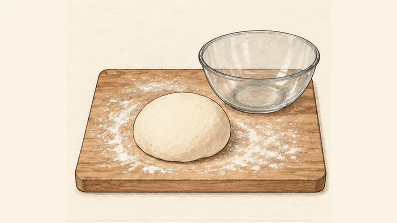 피자 마르게리타 1단계 '섞고 반죽하기'를 보여 주는 조리 삽화.