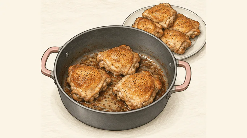 ポッロ・アッラ・カチャトーラの手順1「鶏を焼き付ける」を示す調理イラスト。