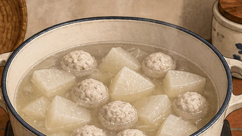 Pork Ball Rice Vermicelli Soup, step 3: Cook daikon and pork balls.