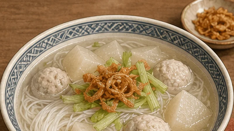 Pork Ball Rice Vermicelli Soup, step 6: Assemble hot bowls.
