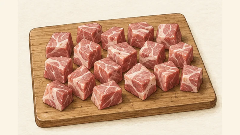 ภาพวาดการปรุงซูฟลากีหมู ขั้นตอนที่ 1: หั่นหมูให้เท่ากัน
