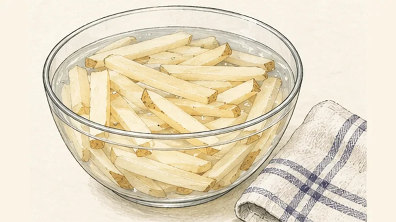 ケベック風プーティンの手順1「ポテトをさらして乾かす」を示す調理イラスト。