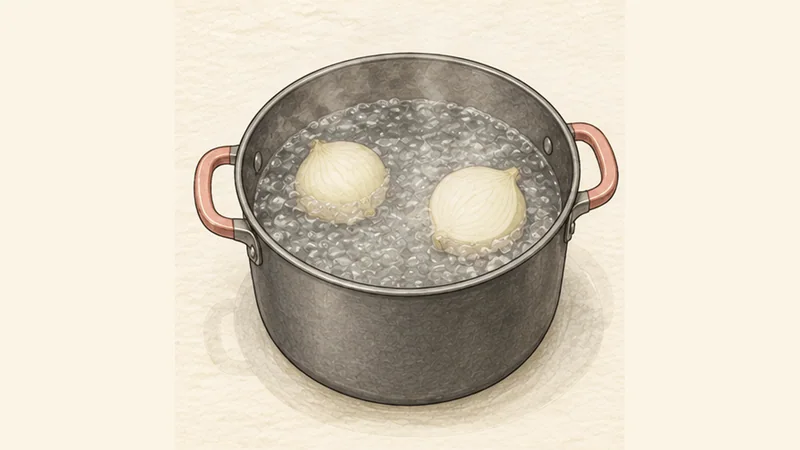 ภาพวาดการปรุงปุลโปอาลากาเยกา (ปุลโปอาเฟย์รา) ขั้นตอนที่ 1: ต้มน้ำกับหอม