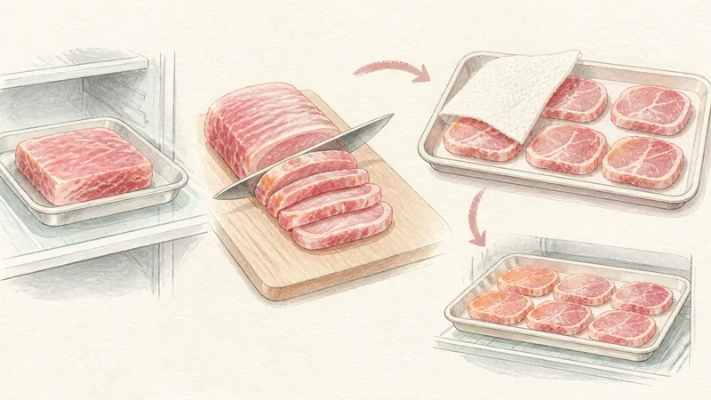ภาพวาดการปรุงแกงเผ็ดหมู ขั้นตอนที่ 1: หั่นและซับหมู