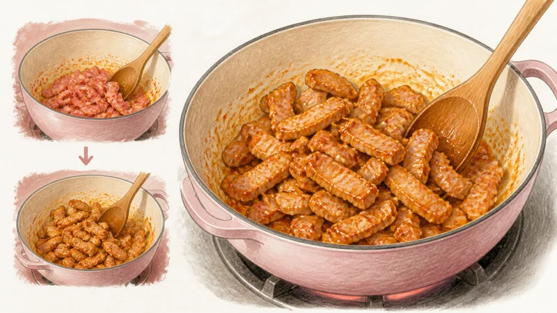 ภาพวาดการปรุงแกงเผ็ดหมู ขั้นตอนที่ 3: คลุกและทำหมูเกือบสุก
