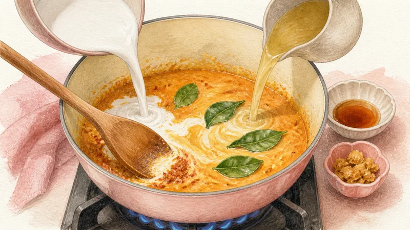ภาพวาดการปรุงแกงเผ็ดหมู ขั้นตอนที่ 4: เติมน้ำแกงกะทิ