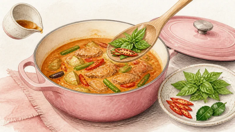 ภาพวาดการปรุงแกงเผ็ดหมู ขั้นตอนที่ 6: ปรับรสและกลิ่น