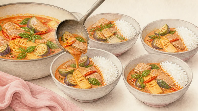 ภาพวาดการปรุงแกงเผ็ดหมู ขั้นตอนที่ 7: เสิร์ฟขณะโหระพายังหอม