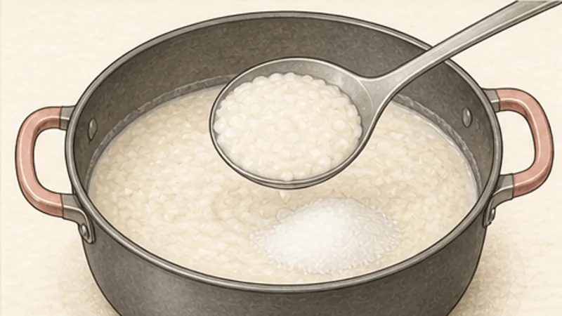 ภาพวาดการปรุงข้าวคีร์ ขั้นตอนที่ 4: ใส่น้ำตาลหลังข้าวนุ่ม