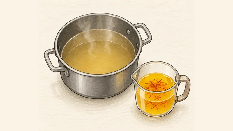 리소토 알라 밀라네제 1단계 '사프란 우려내기'를 보여 주는 조리 삽화.