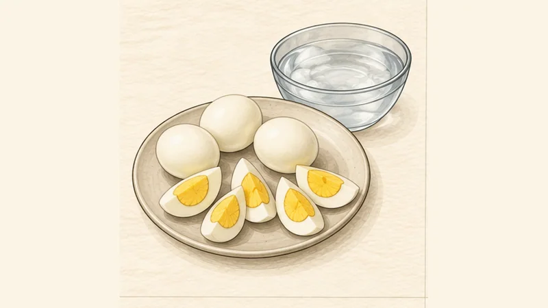 ภาพวาดการปรุงสลัดนีซัวส์ ขั้นตอนที่ 1: ต้มไข่ให้สุกแข็ง