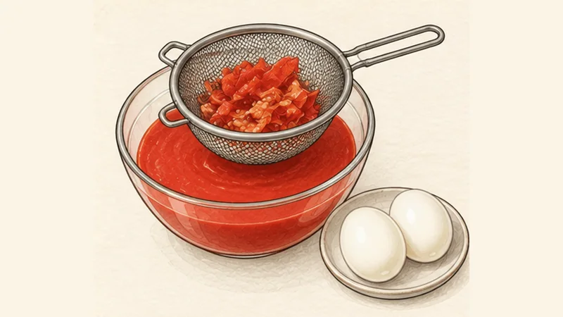 ภาพวาดการปรุงซัลโมเรโฆกอร์โดเบส ขั้นตอนที่ 1: ต้มไข่และเตรียมมะเขือเทศ