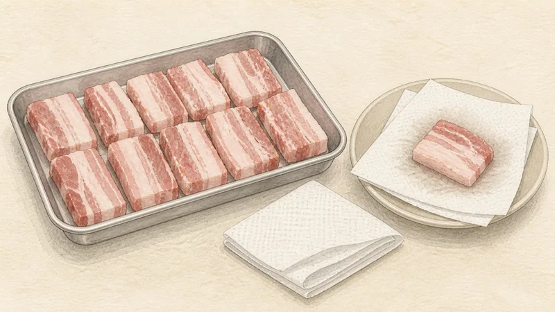 サムギョプサルの手順1「豚肉を切り分ける」を示す調理イラスト。