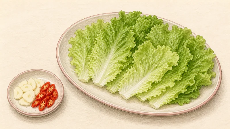 サムギョプサルの手順3「葉野菜を用意する」を示す調理イラスト。