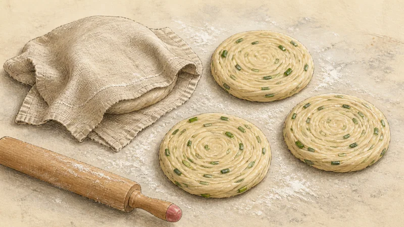 Flaky Chinese scallion pancakes, step 5: Rest while shaping the rest.