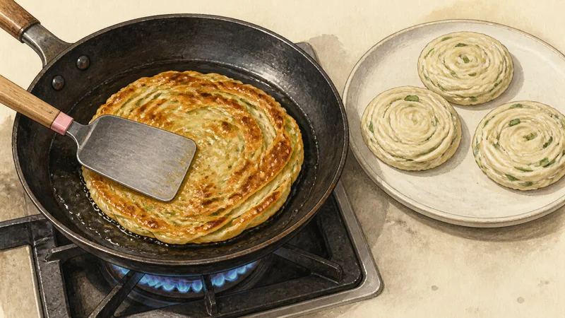 Flaky Chinese scallion pancakes, step 6: Pan-fry at medium heat.
