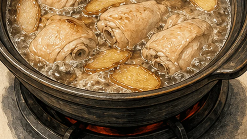 ภาพวาดการปรุงไก่น้ำมันงาไต้หวัน ขั้นตอนที่ 4: ต้มกลิ่นแอลกอฮอล์ดิบ