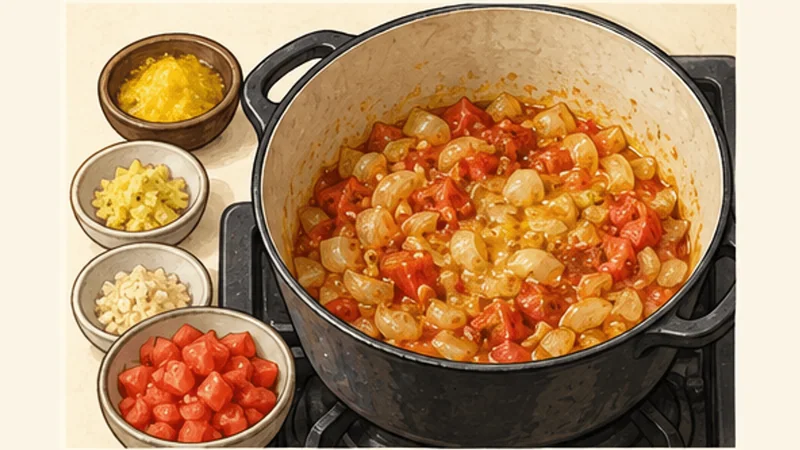 エチオピア風シロワット(ひよこ豆シチュー)の手順1「玉ねぎを乾煎りして香味を加える」を示す調理イラスト。