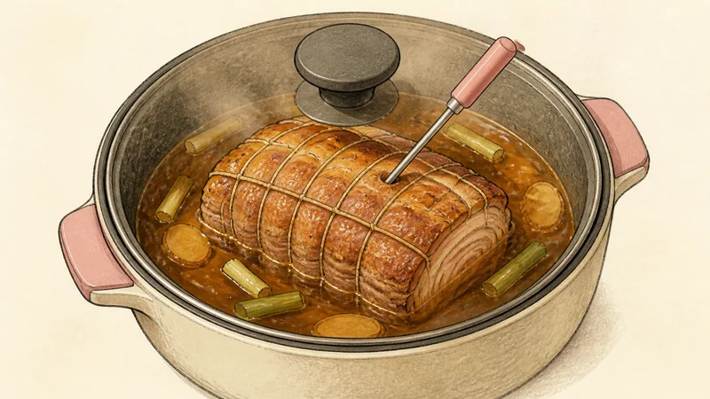 自家製チャーシューの醤油ラーメンの手順3「安全な温度まで煮る」を示す調理イラスト。