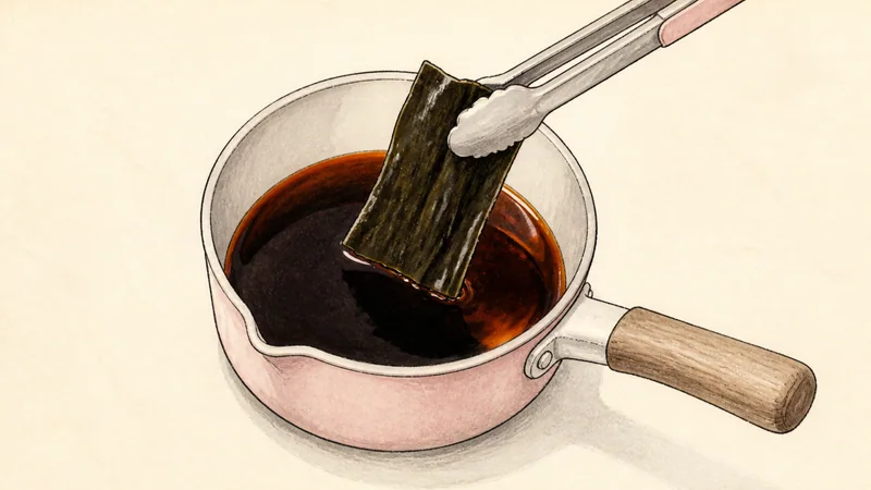 自家製チャーシューの醤油ラーメンの手順5「しょうゆだれを作る」を示す調理イラスト。