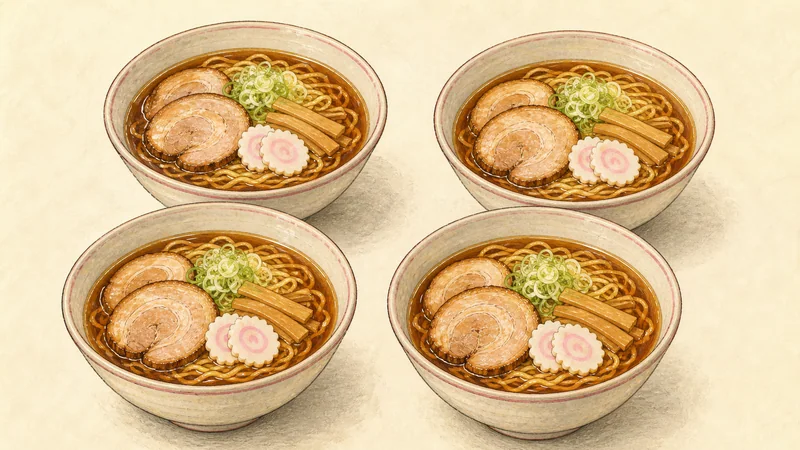 自家製チャーシューの醤油ラーメンの手順8「盛り付けて熱く供する」を示す調理イラスト。